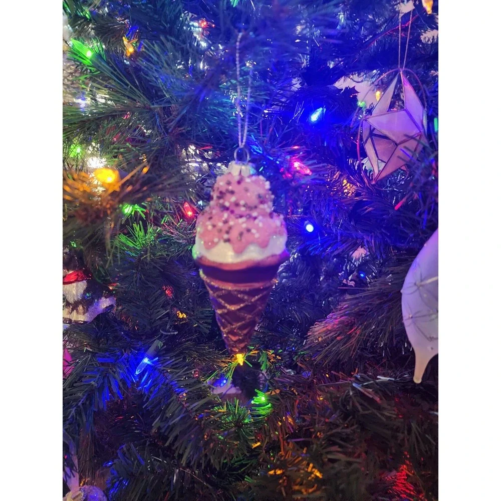 Blown Glass Ice Cream Cone Christmas Hanging Ornament Pastel‎ Candy Topping